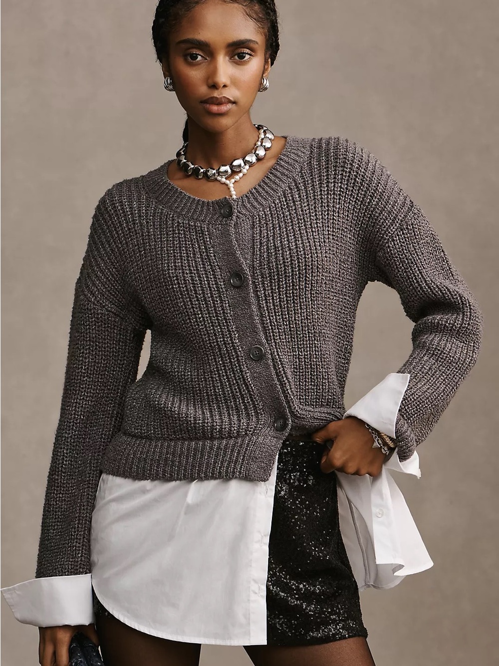 NWT By Anthropologie Cropped Twofer Cardigan Sweater in Grey / White